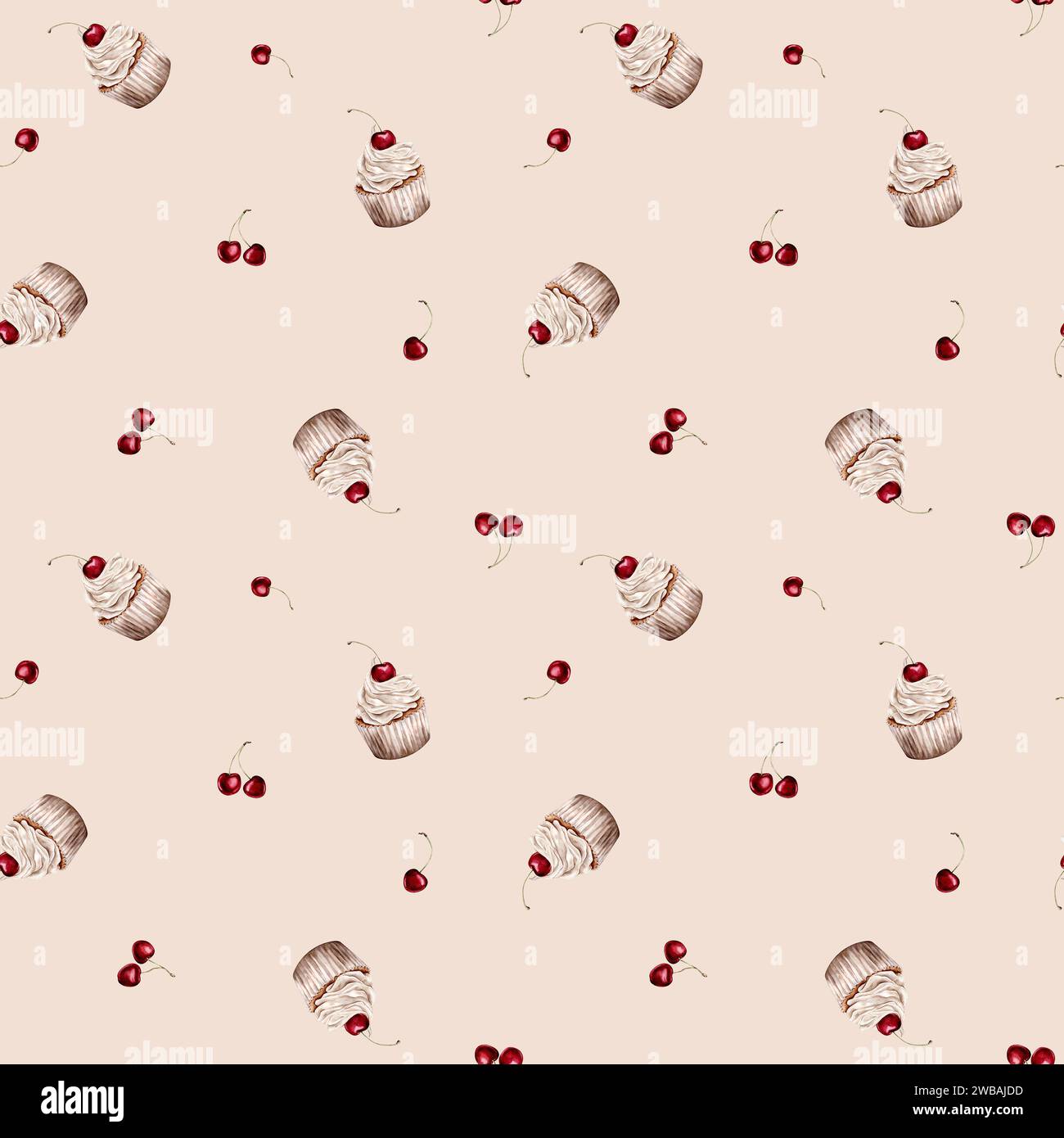 Seamless pattern watercolor sweets cupcake with cherry. Design holidays ...