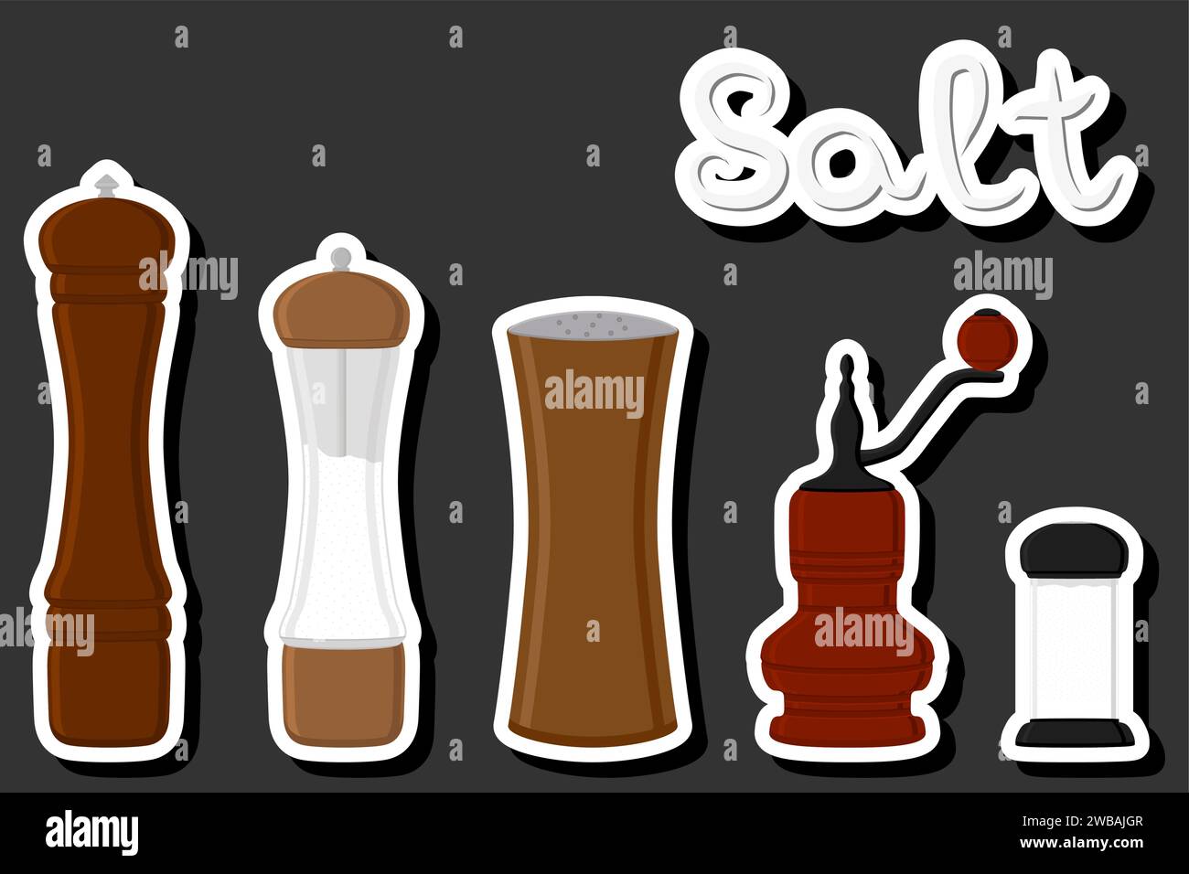 Illustration on theme big set different types ware filled salt for