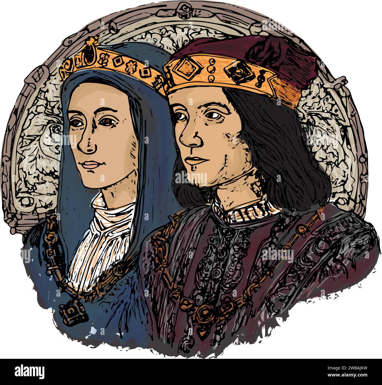 Illustration of King Richard III of England (1452-1485) and his wife Anne Neville (1456-1485), the daughter of the Earl of Warwick, medieval glass Stock Vector