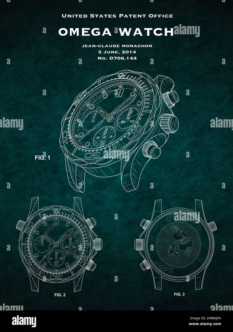 US patent design from 2014 for an Omega dive watch design on a green background Stock Photo