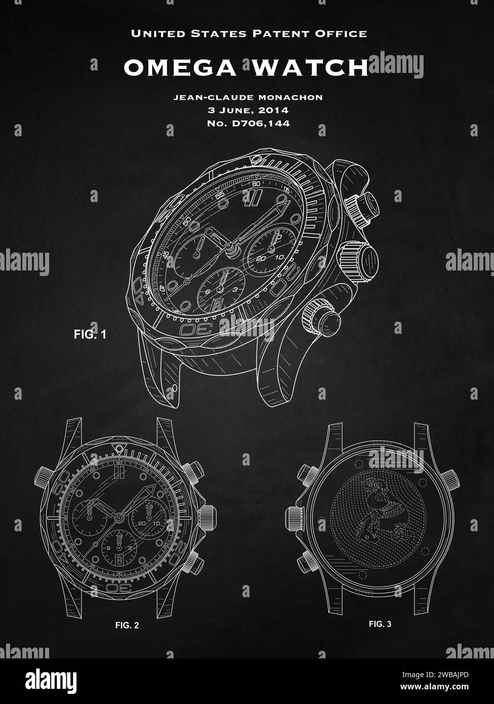 US patent design from 2014 for an Omega dive watch design on a black background Stock Photo