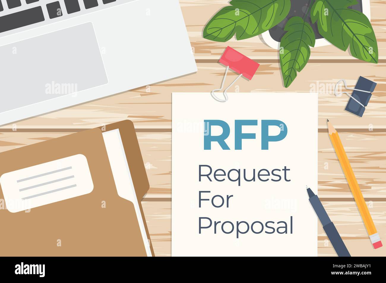 RFP Request For Proposal document, flat lay office composition on