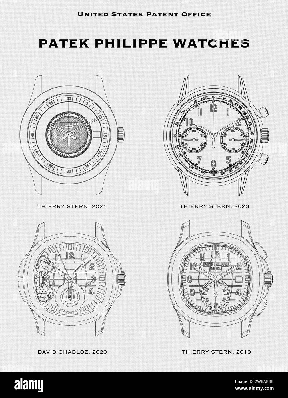 US patent office designs of watch faces for Patek Philippe watches on a white background Stock Photo