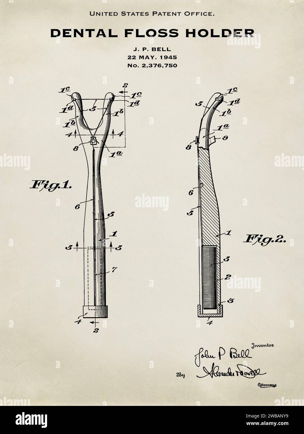US patent design for a dental floss holder from 1945 on a neutral
