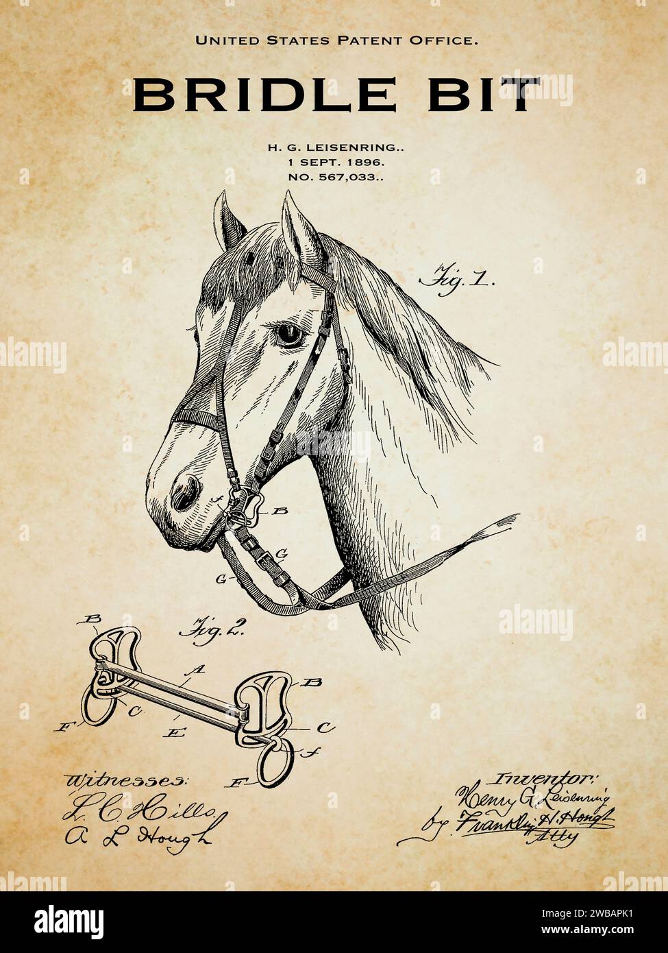 US patent design from 1893 for a bridle bit for a horse on a vintage