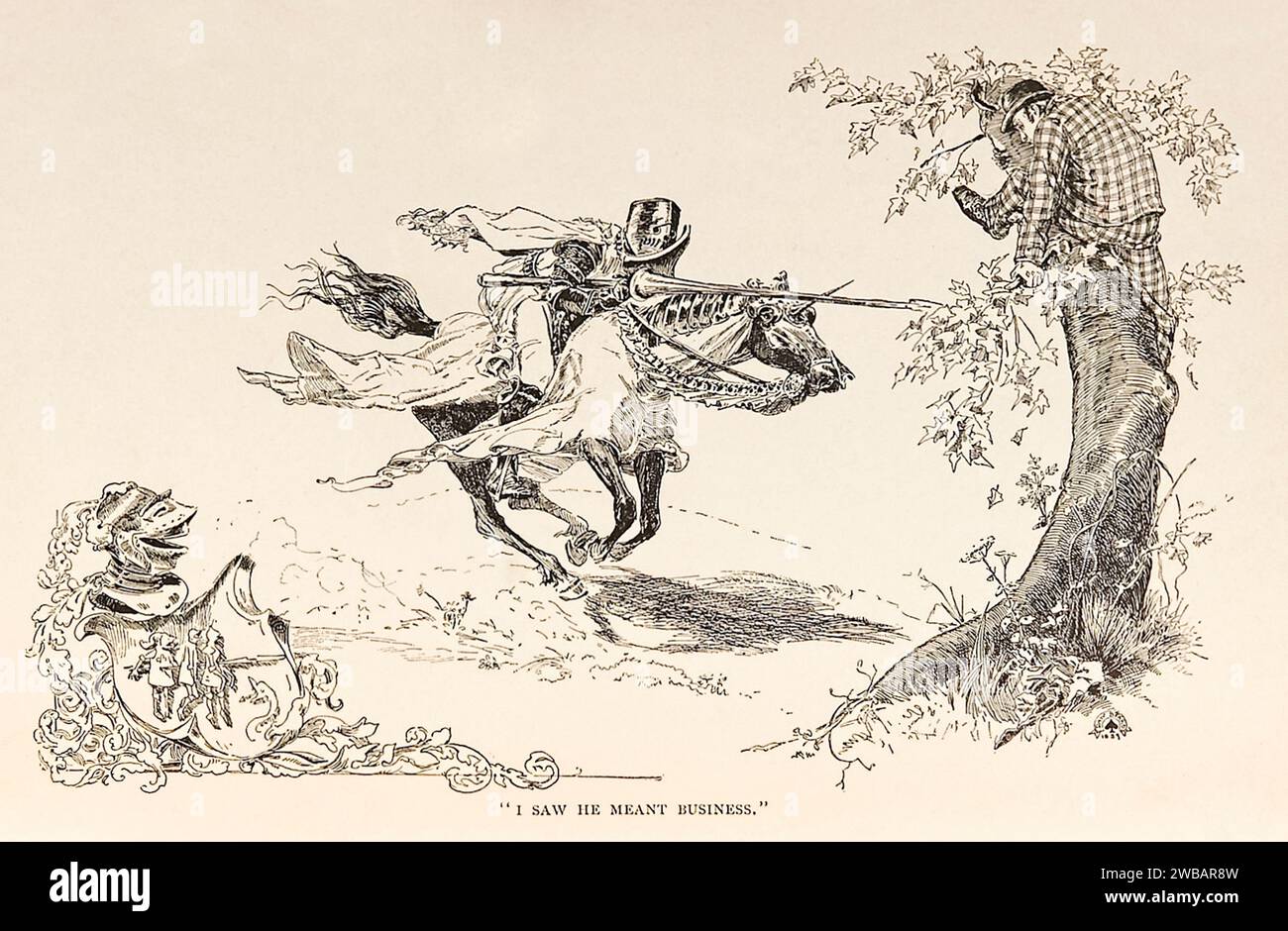 'I saw he meant business’ frontispiece illustration from ‘A Connecticut Yankee in King Arthur's Court’ by Mark Twain (1835-1910), artwork by Daniel Carter Beard (1850-1941). Photograph from an 1889 first edition. Credit: Private Collection / AF Fotografie Stock Photo