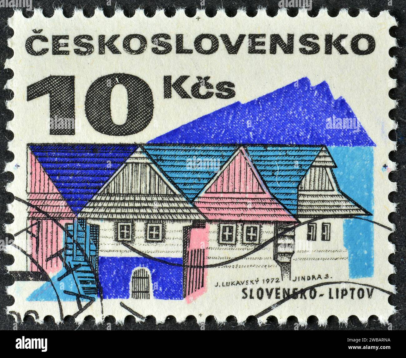 Cancelled postage stamp printed by Czechoslovakia, that shows Slovakia - Liptov, Folk Architecture of Slovakia, circa 1972. Stock Photo