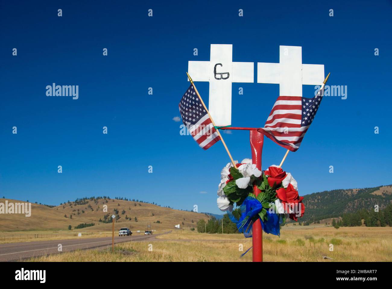 Montana American Legion White Cross Highway Fatality Marker, Missoula County, Montana Stock Photo