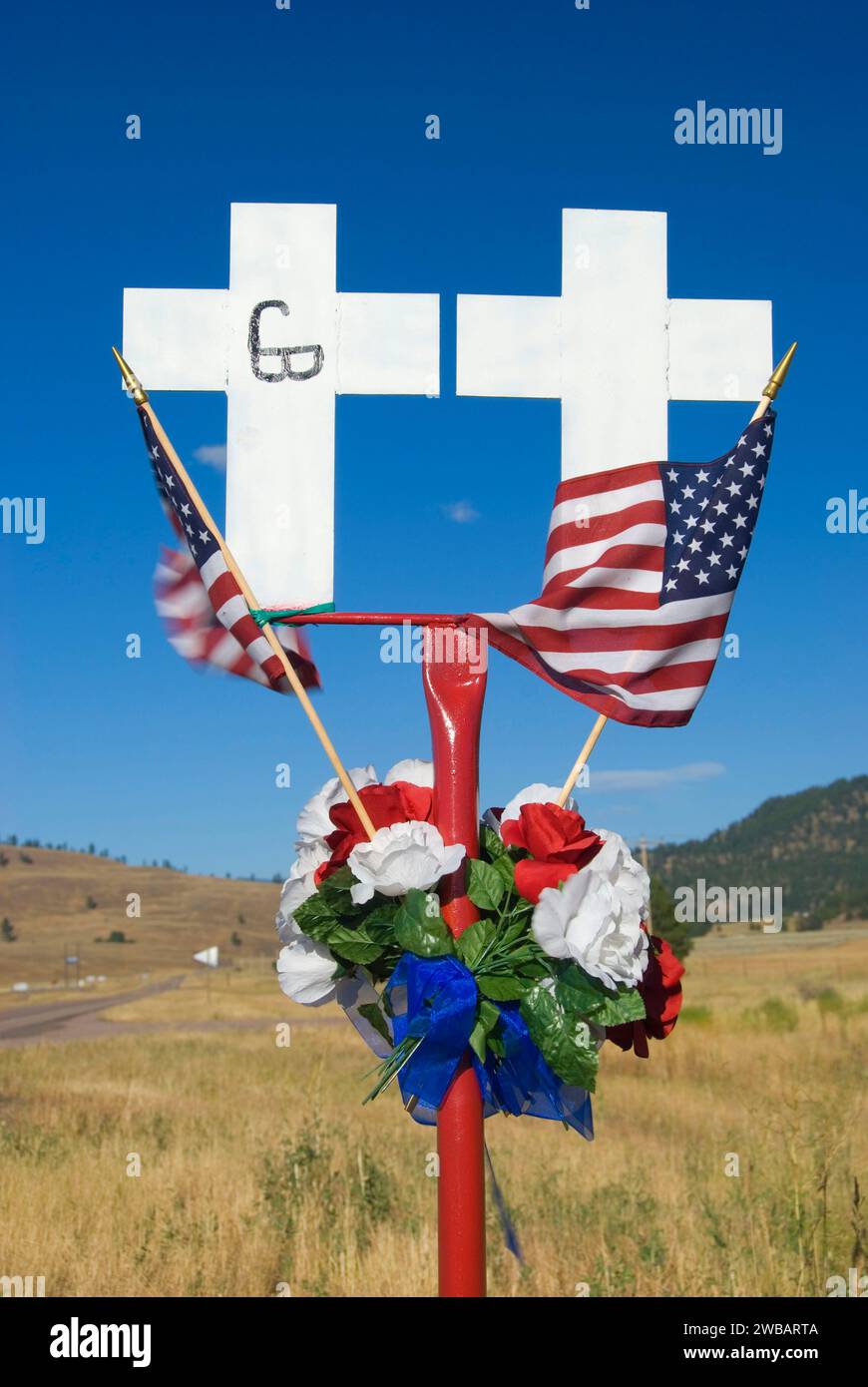 Montana American Legion White Cross Highway Fatality Marker, Missoula County, Montana Stock Photo