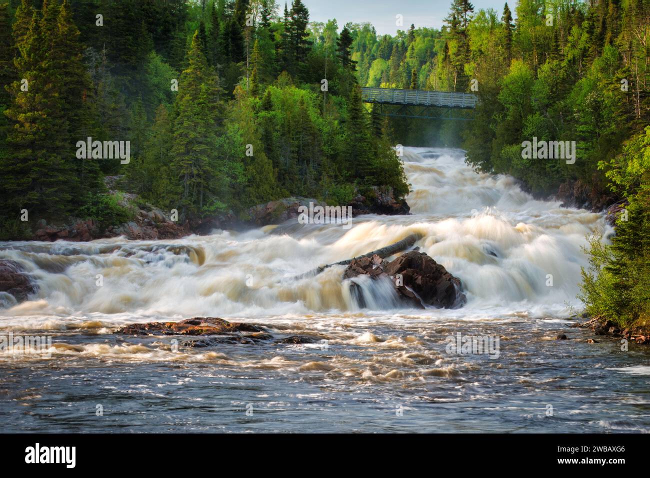Lower Aguasabon Falls and bridge over Gorge, view from Terrace Bay at the north shore of Lake Superior, Ontario, Canada in summer Stock Photo