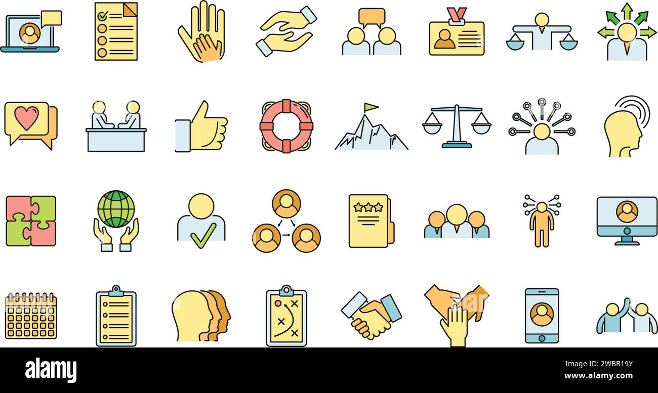 Social responsibility icons set. Outline set of social responsibility vector icons thin line color flat on white Stock Vector