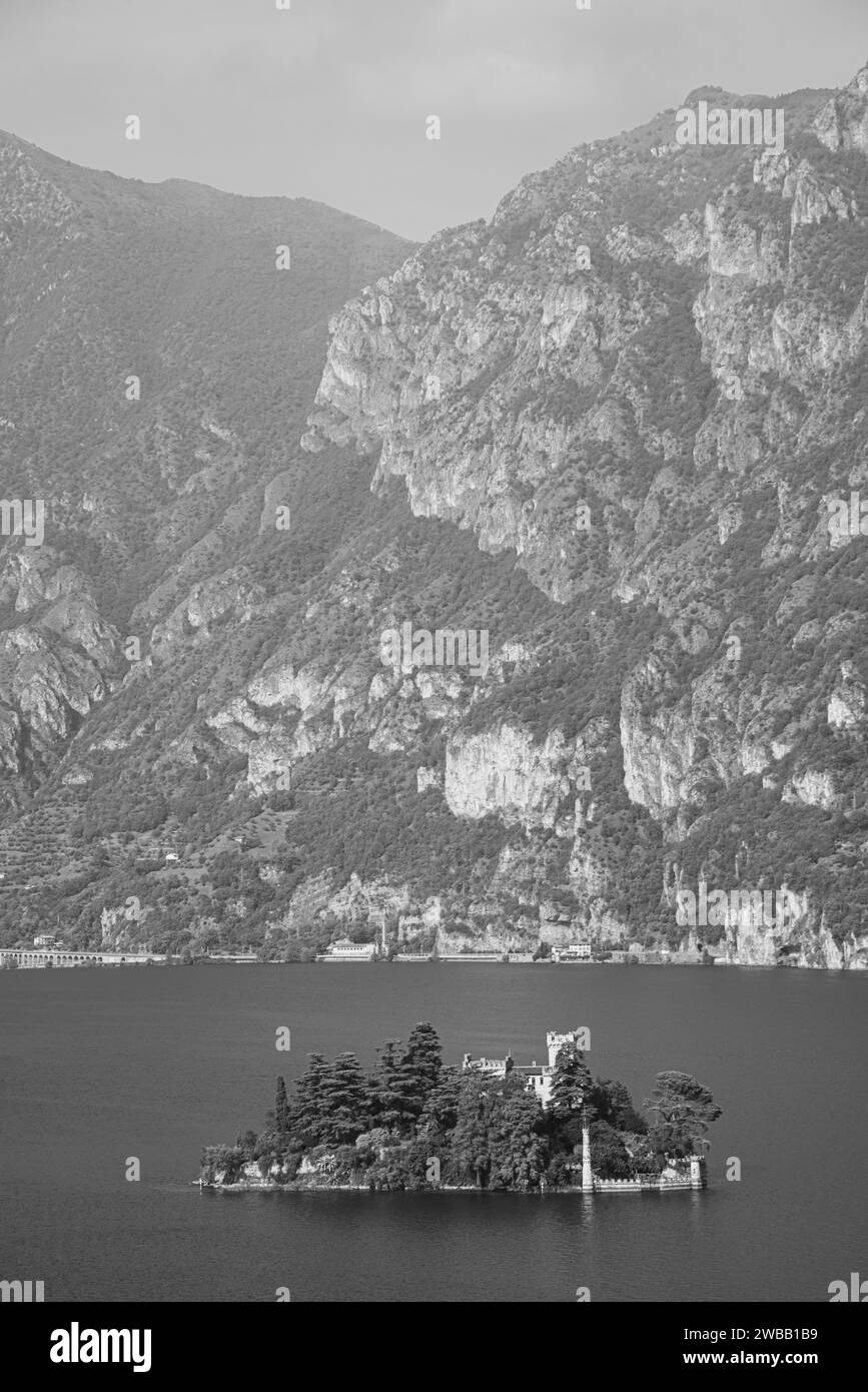 small island in lake d'Iseo in Italy in black&white Stock Photo