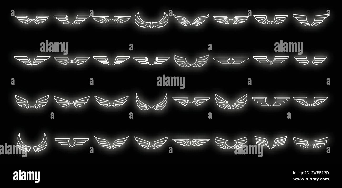 Angel wings icons set. Outline set of angel wings vector icons neon ...