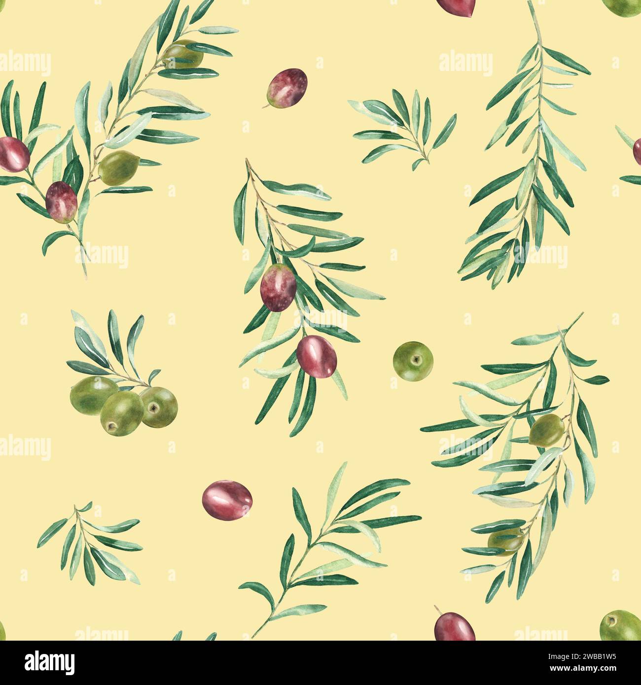 Watercolor seamless pattern with branches of green and red olives on a ...