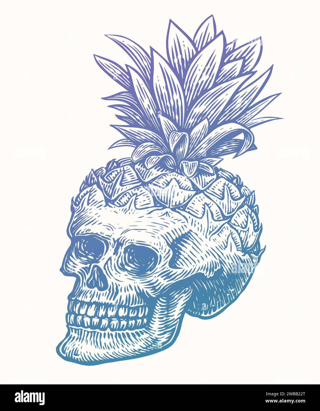 Hand drawn human skull pineapple with leaves. Vintage sketch vector illustration Stock Vector