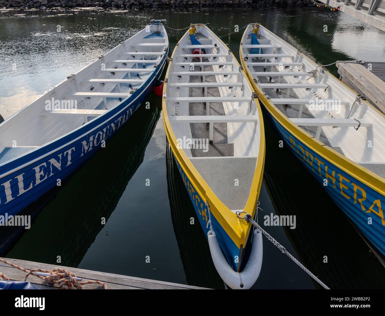 Pilot gigs, with their distinctive eight seats (thwarts), with rich heritage  in the maritime history of Cornwall, the are in Newlyn. Stock Photo