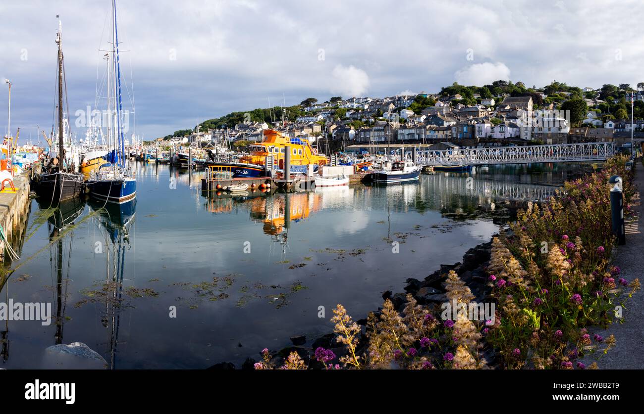 Newlyn fishing boats, lifeboat and yachts in harbour, Newlyn Cornwall