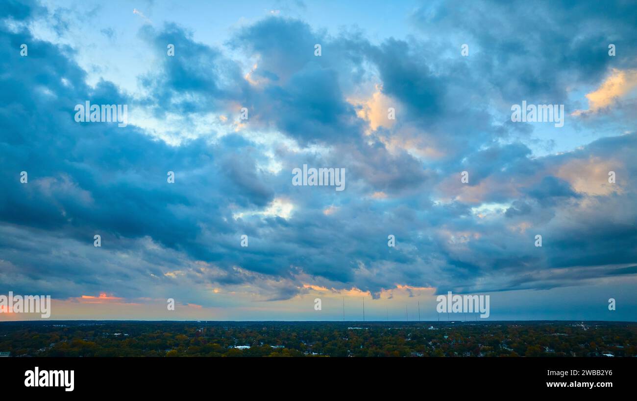 Aerial Twilight Skyline with Stormy Clouds over Suburban Fort Wayne Stock Photo