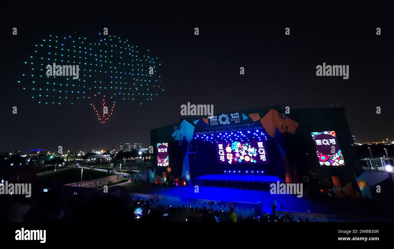Doha, Qatar- December 12, 2023 : drone show at qatar expo 2023 Stock Photo
