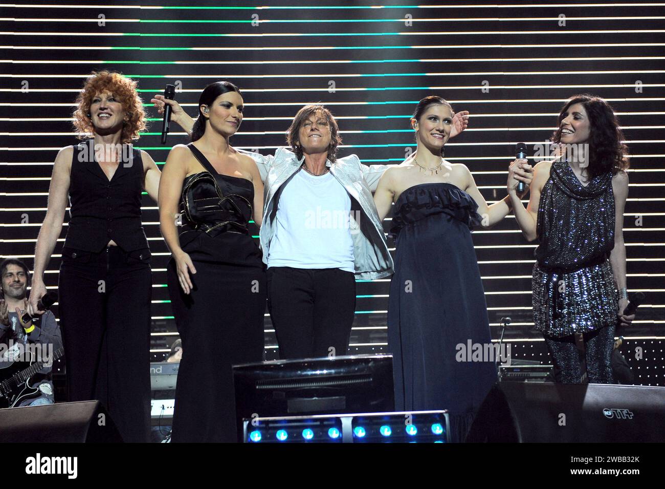 Milan Italy 2009-06-21: Elisa,Giorgia,Fiorella Mannoia,Gianna Nannini and Laura Pausini ,italian singers, performs at the live charity concert 'Amiche per l'Abruzzo', for the earthquake in Abruzzo at the San Siro Stadium Stock Photo