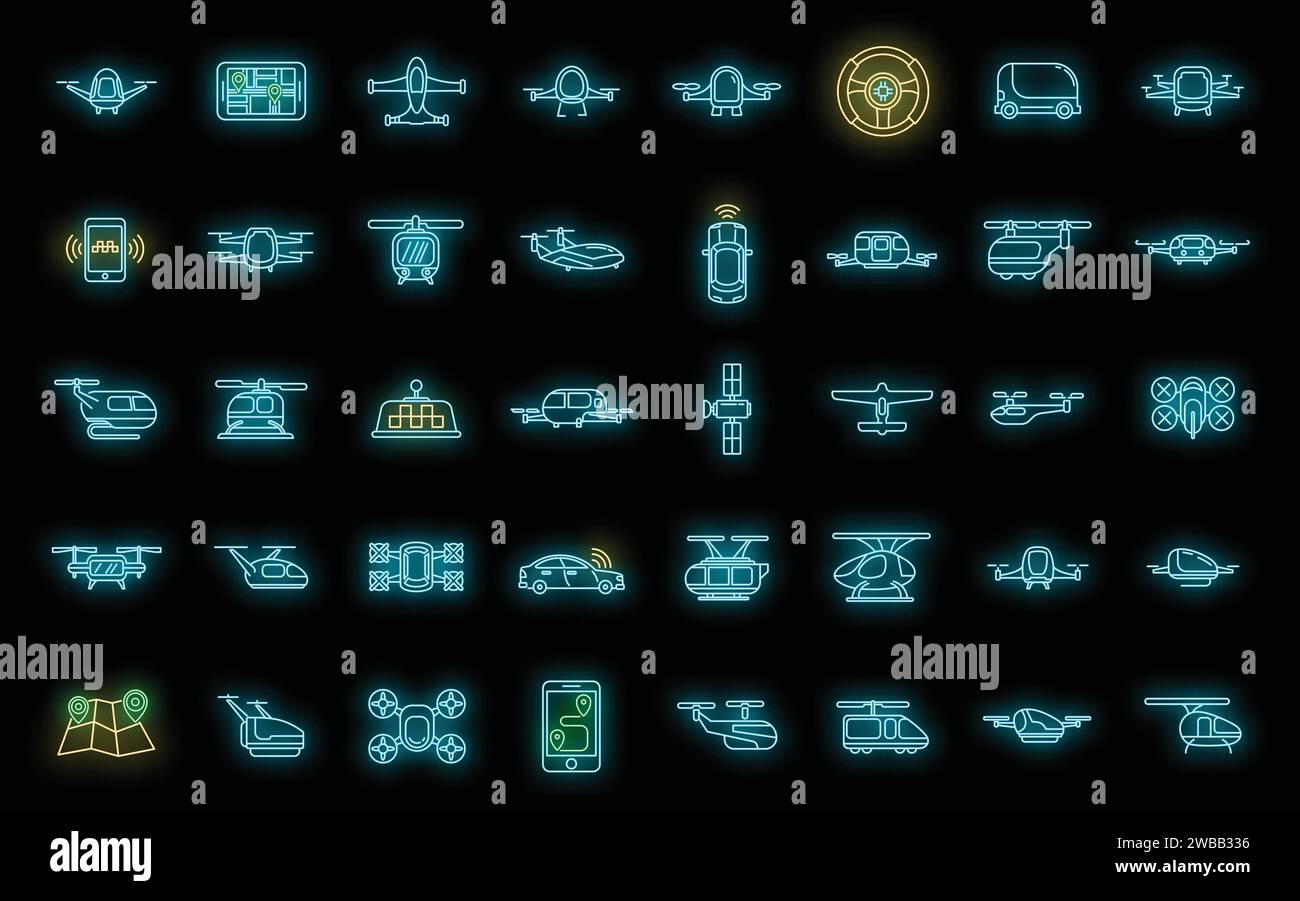 Unmanned taxi drive icons set. Outline set of unmanned taxi drive ...