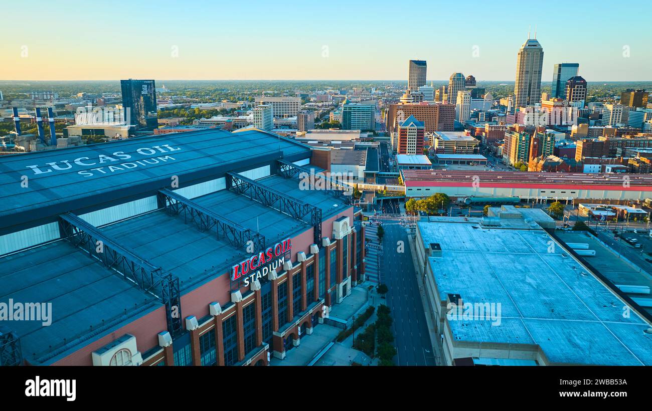 Aerial Golden Hour Over Lucas Oil Stadium and Indianapolis Cityscape Stock Photo