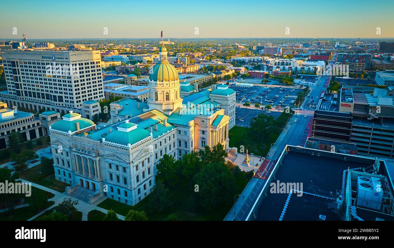 Aerial Sunrise Over Indianapolis Courthouse and Cityscape Stock Photo