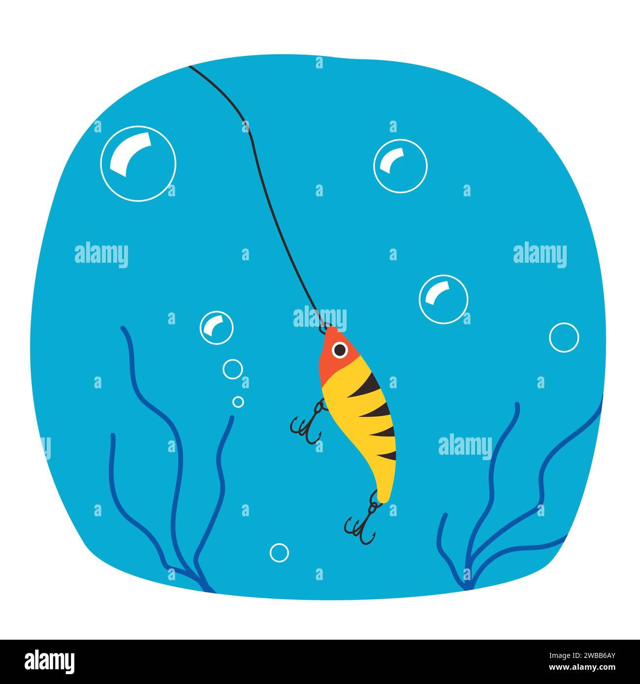Fishing lure underwater. Fish catching bait in river lake and sea water. Rod decoy of artificial small marine animal shape with fishhooks. Fisherman t Stock Vector