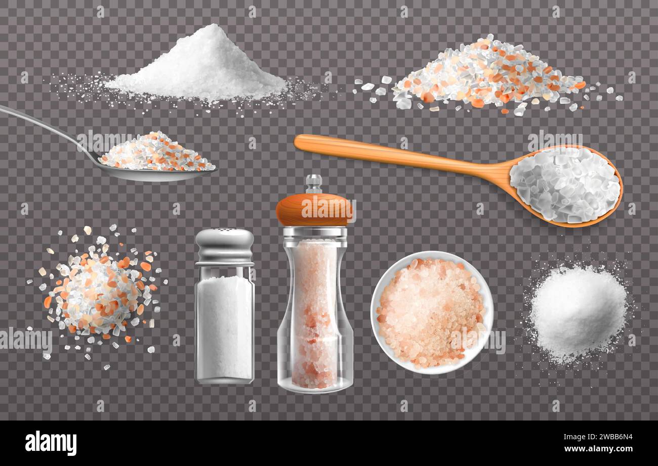 Realistic salt. Edible food seasoning in glass bottle. Himalayan salty