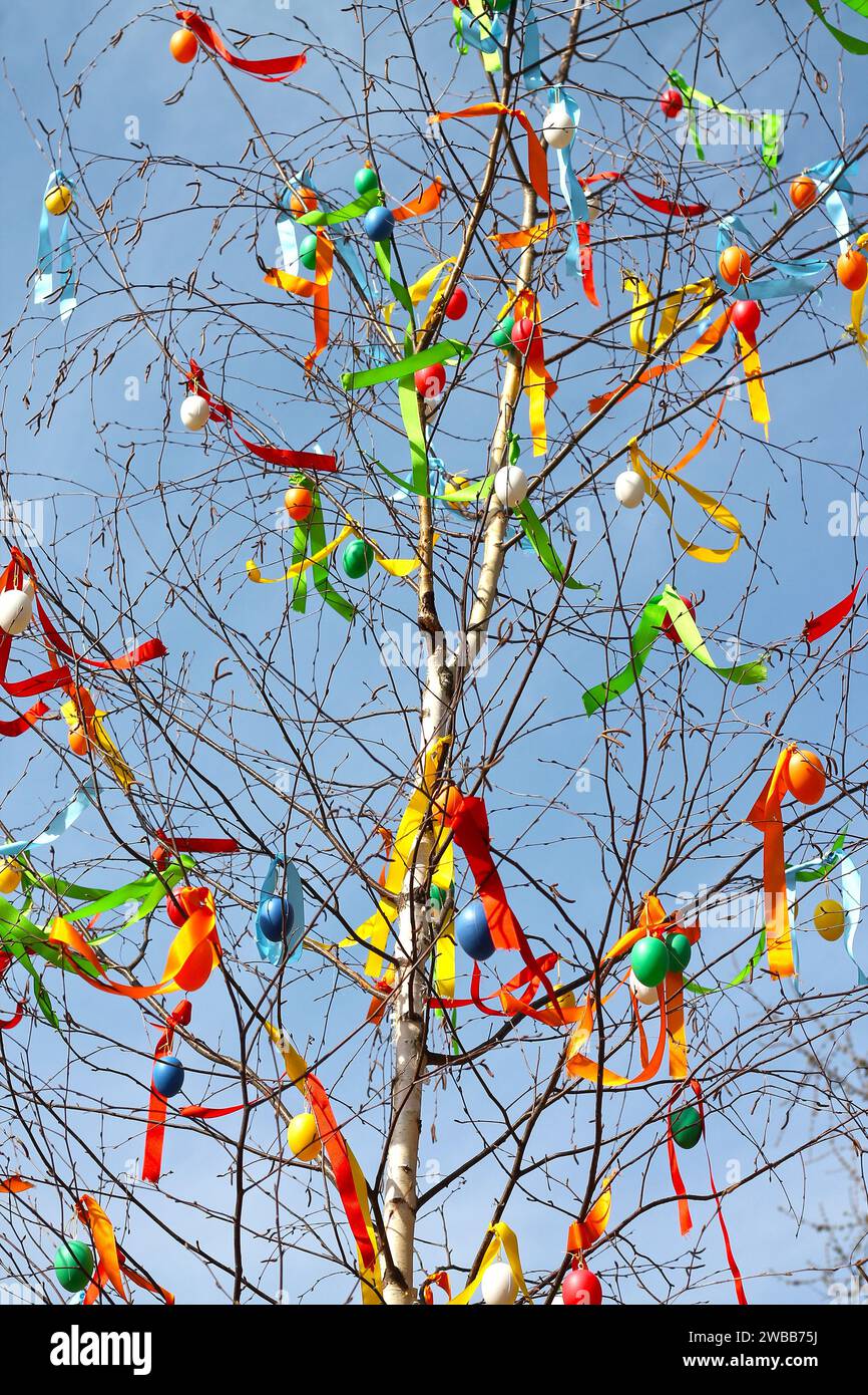 Traditional Czech Easter Tree on blue sky background close-up. Stock Photo