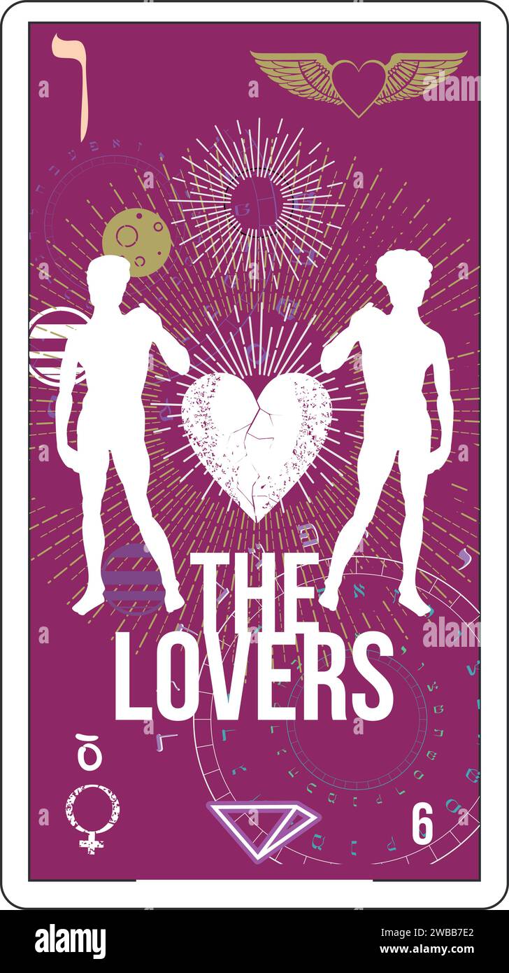 Egyptian tarot card number six, called The Lovers. Silhouette of Michelangelo's David. Stock Vector