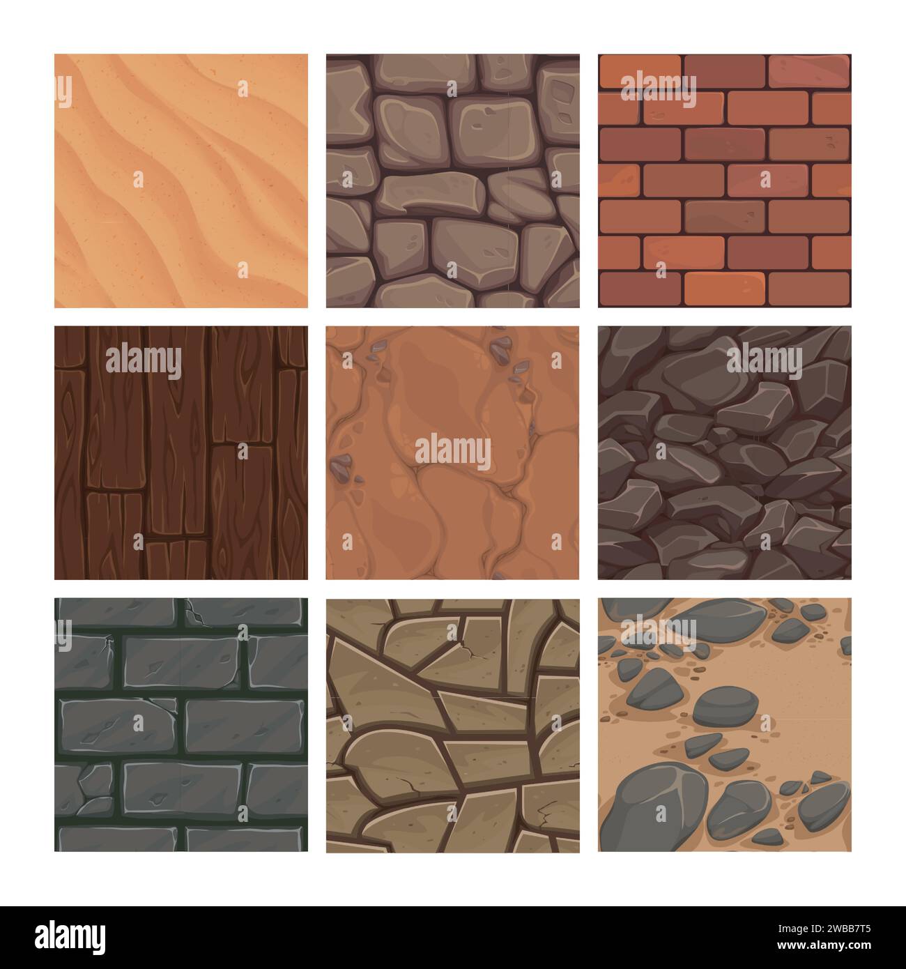 Game background texture. Cartoon ground earth, rock and sand geological structures. Stone or brick masonry templates. Wall gaming UI collection. Woode Stock Vector