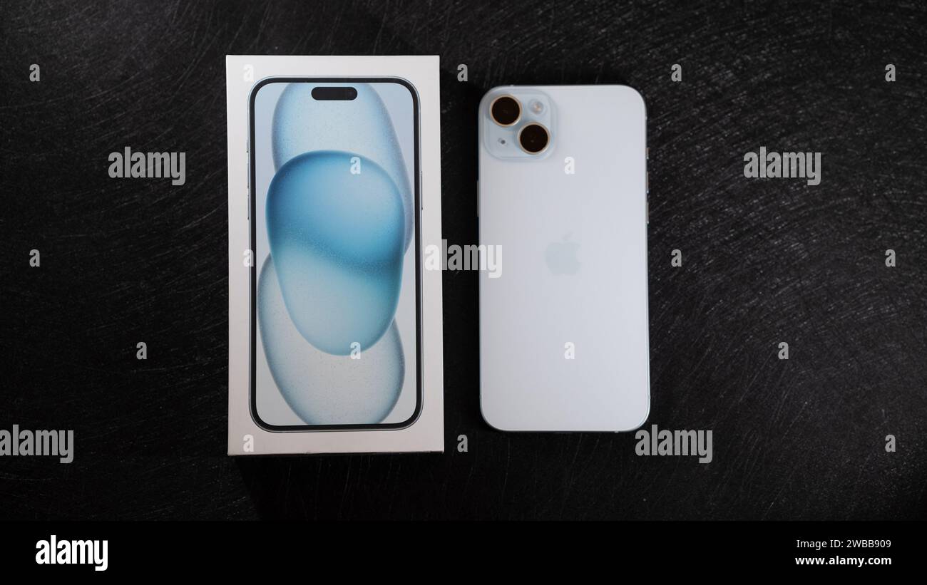 Jurmala, Latvia - 09 01 2024: On black table new smarphone apple