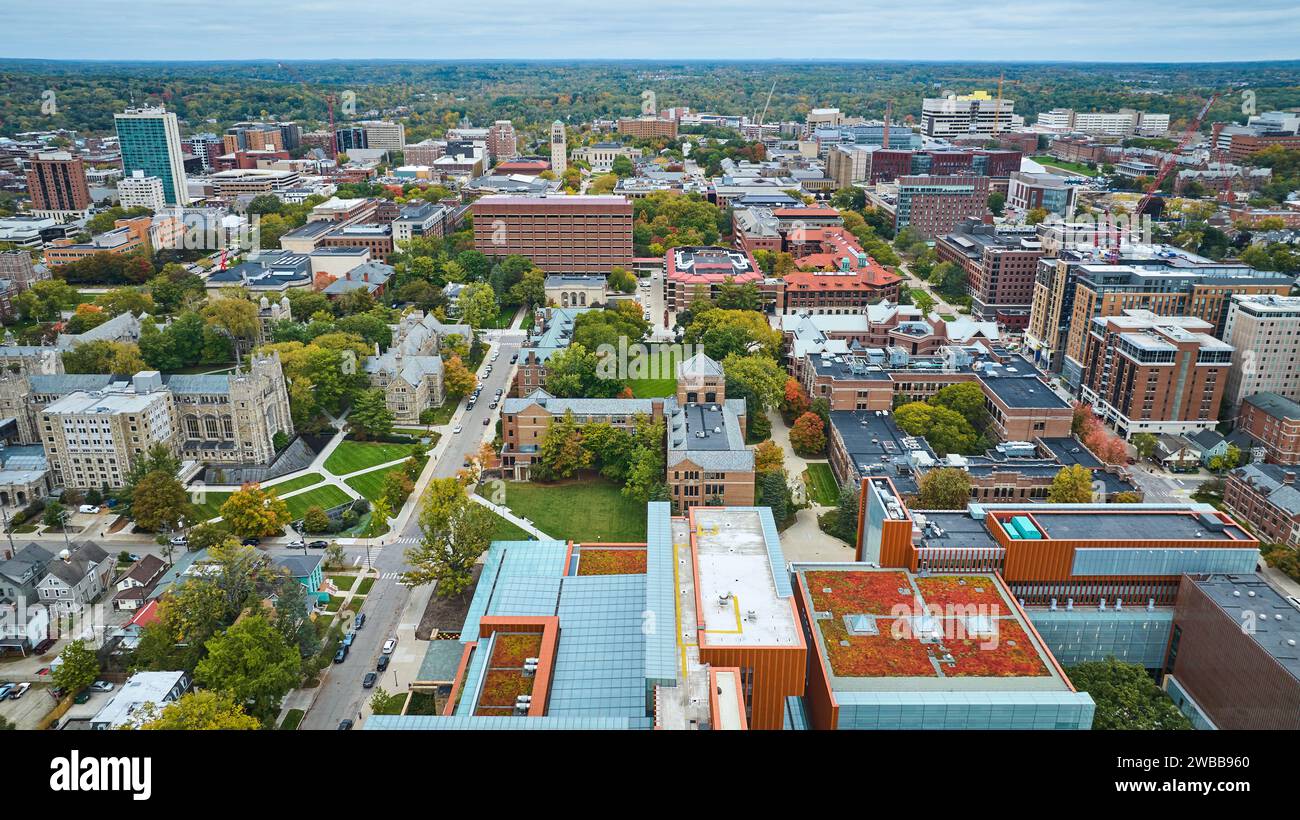 Aerial View of Urban Mix in Ann Arbor with Green Roofs and Construction