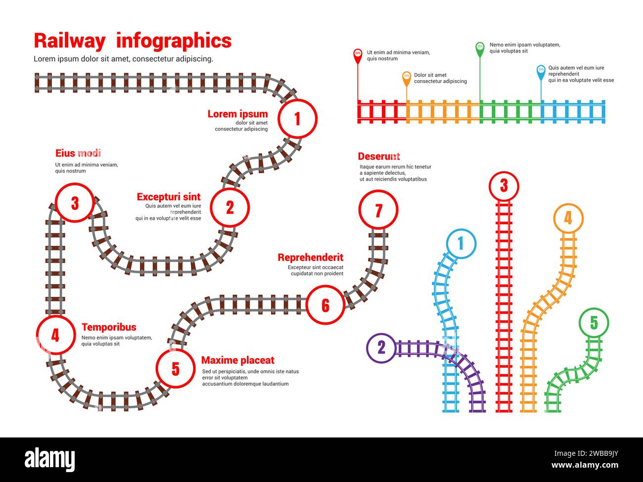 Railway infographic. Train rail scheme. Subway and tram station top ...