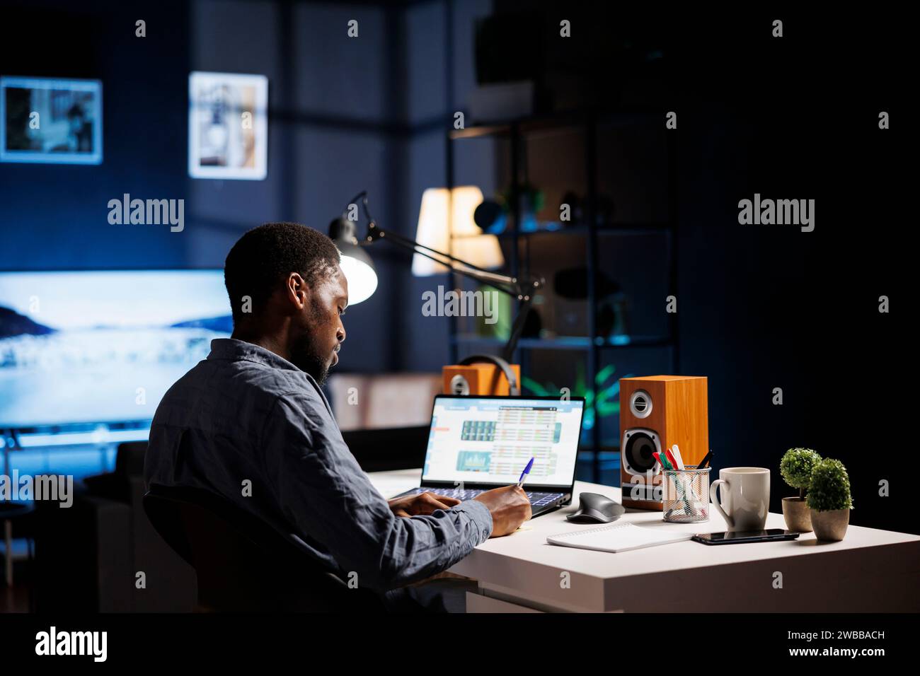 Skilled auditor looking over capital investments expansion strategy, African American experts evaluating authorized fiscal stability on laptop. Self employed individual checks economic data. Stock Photo