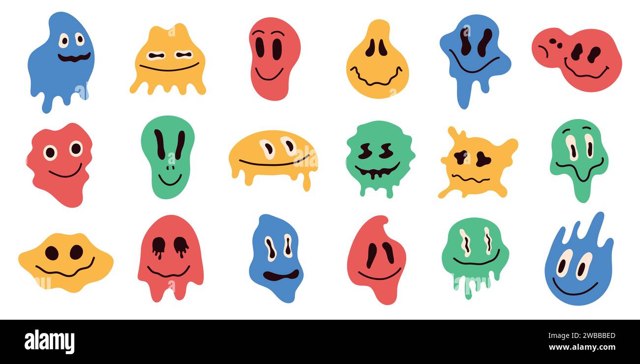 Colorful distorted emoji. Abstract melting faces surreal acid groovy