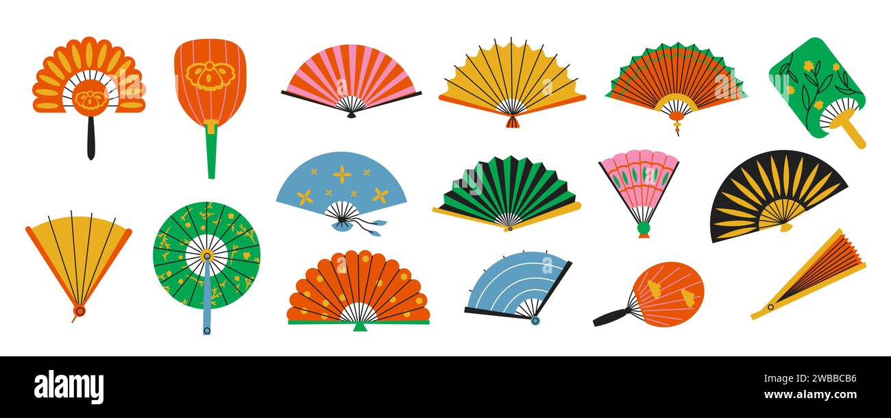 Flat asian fans. Folded oriental bamboo paper fans, open chinese japanese and korean traditional