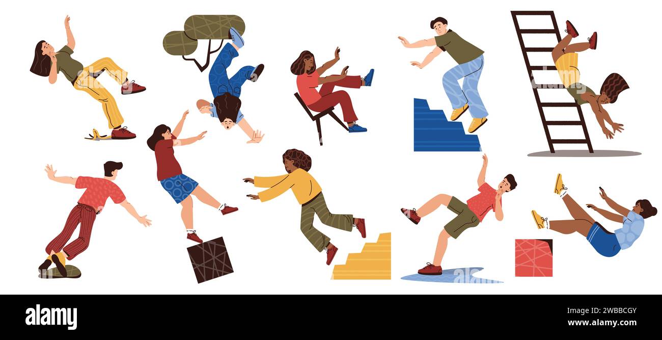 People slipping and falling. Cartoon characters stumble and fall down