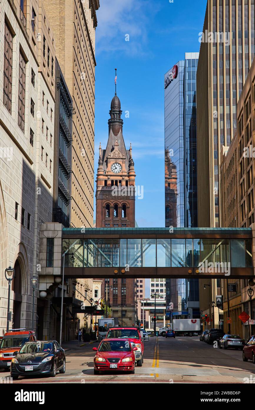 Urban Bustle with Historic Clock Tower and Modern Skywalk, Milwaukee