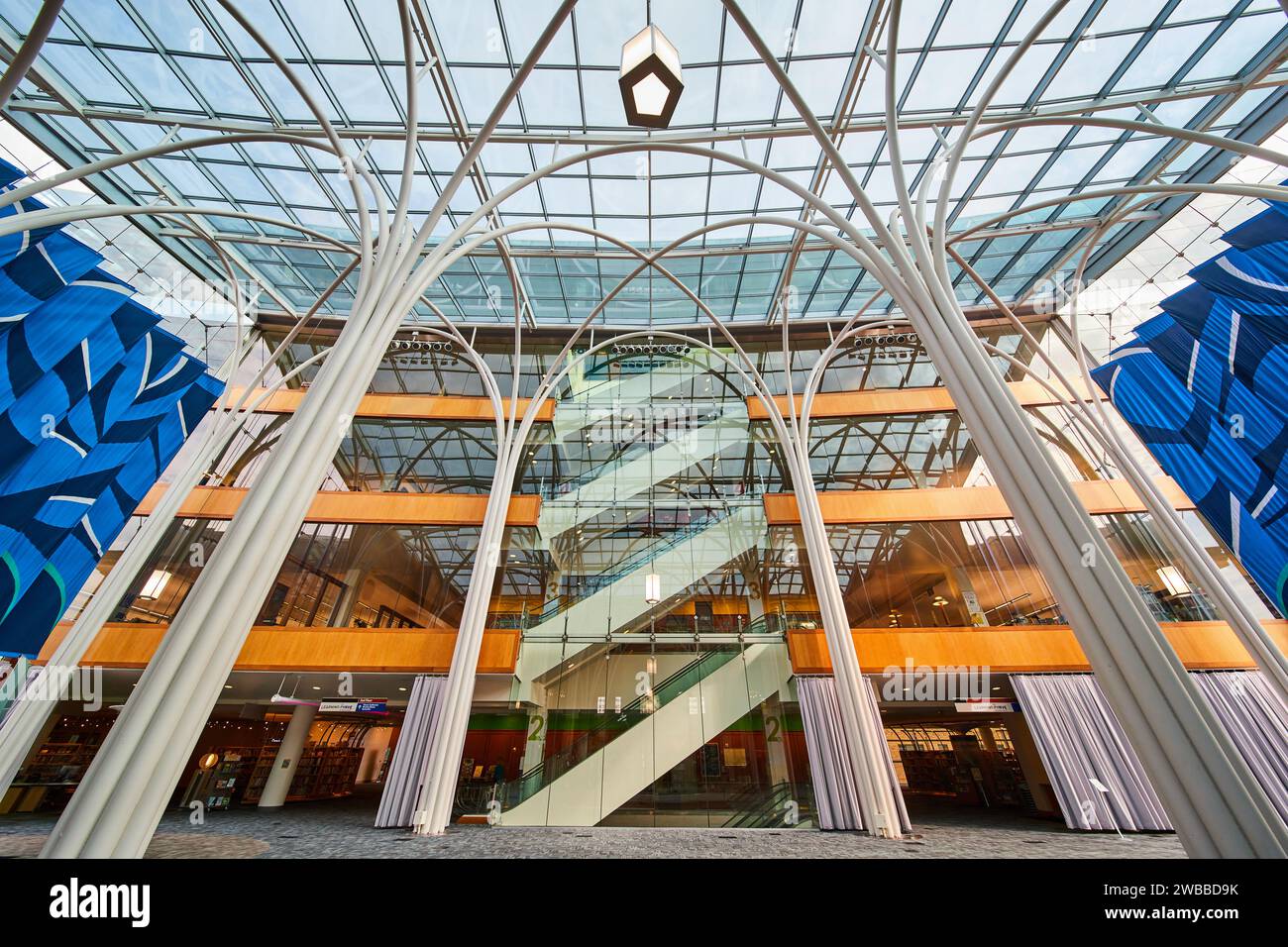 Modern Mall Interior with Glass Ceiling and Elevator Shaft, Indianapolis Stock Photo