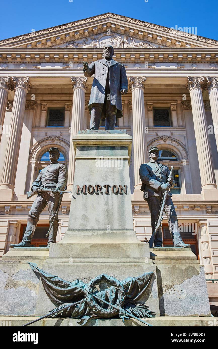 Historical Morton Statue and Soldiers by Neoclassical Courthouse, Low
