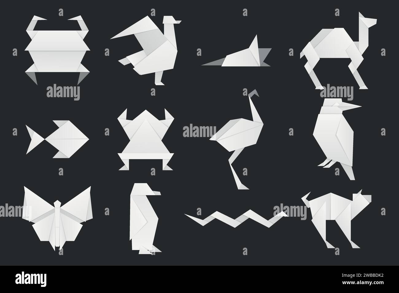 White origami animals. Cute folded origami animals, traditional