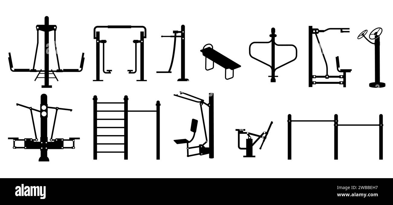 Outdoor workout equipment silhouette. Fitness gym equipment horizontal bar, outdoor fitness bar with machines and fitness equipment. Vector illustrati Stock Vector