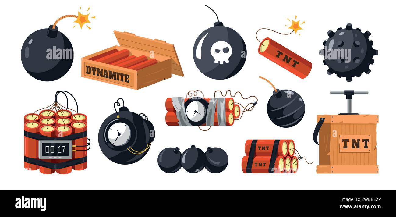 Dynamite and bombs. Cartoon military explosive devices, military