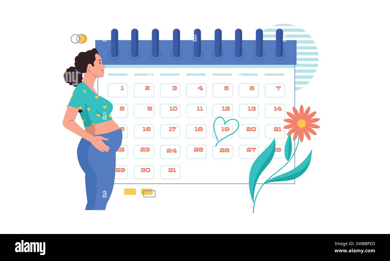 Pregnancy calendar. Monthly countdown with pregnant woman, cartoon