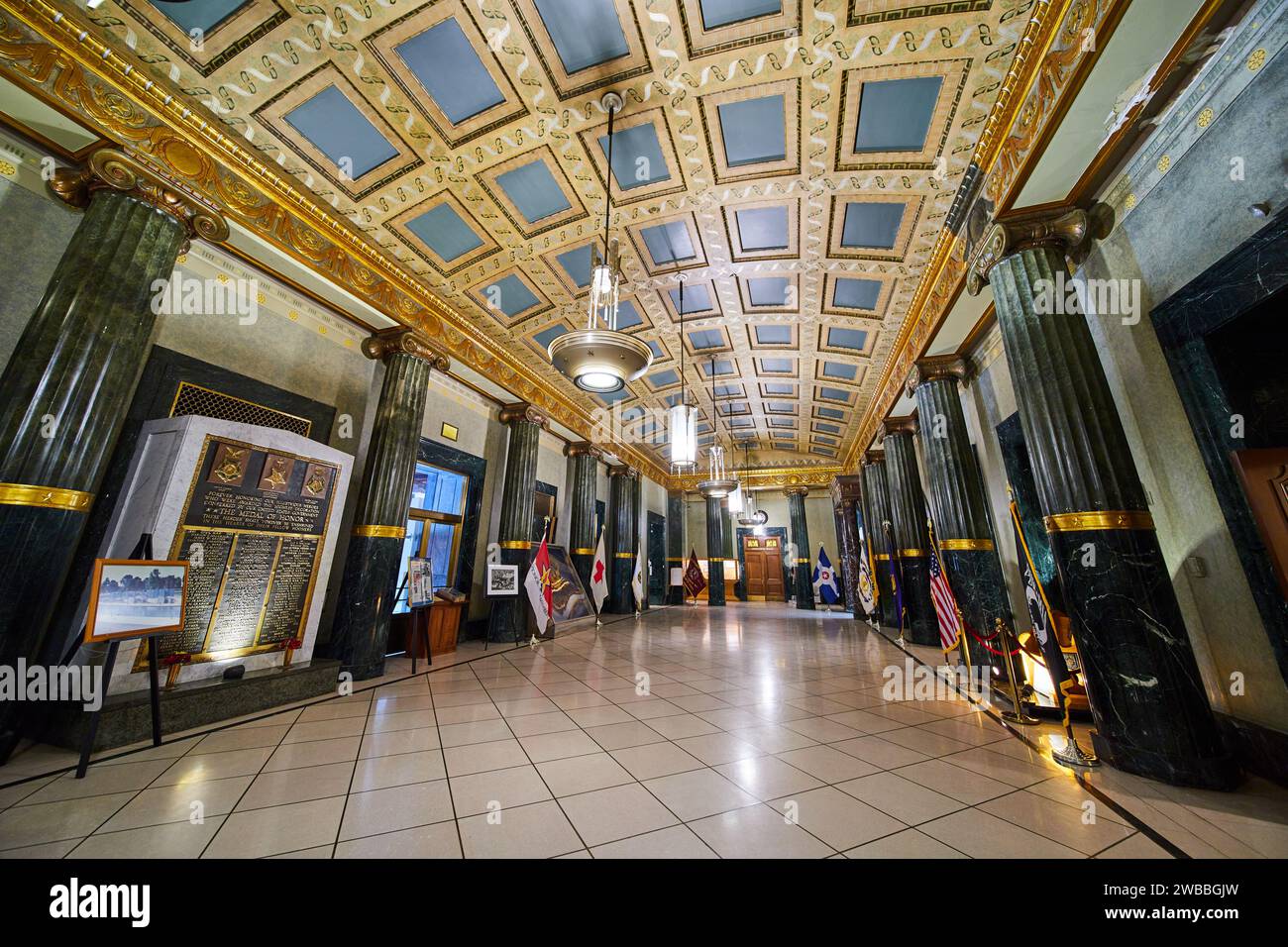 Historic Hallway with Columns, Gold Ceiling, Indianapolis War Memorial Museum Stock Photo