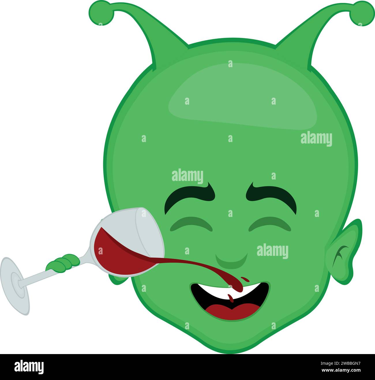 vector green alien et head cartoon drinking wine glass Stock Vector