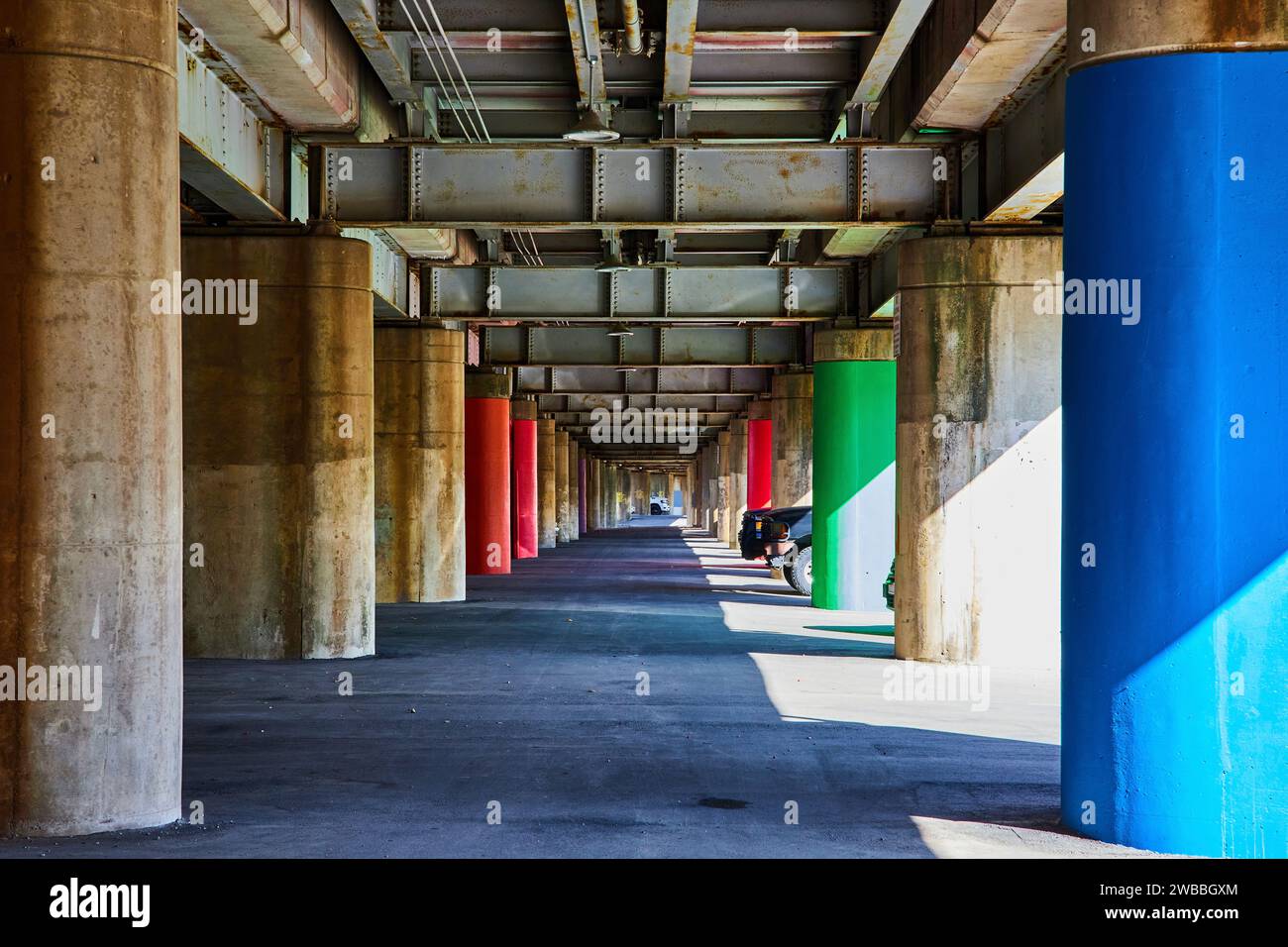 Colorful Urban Underpass with Columns and Pedestrian Fort Wayne