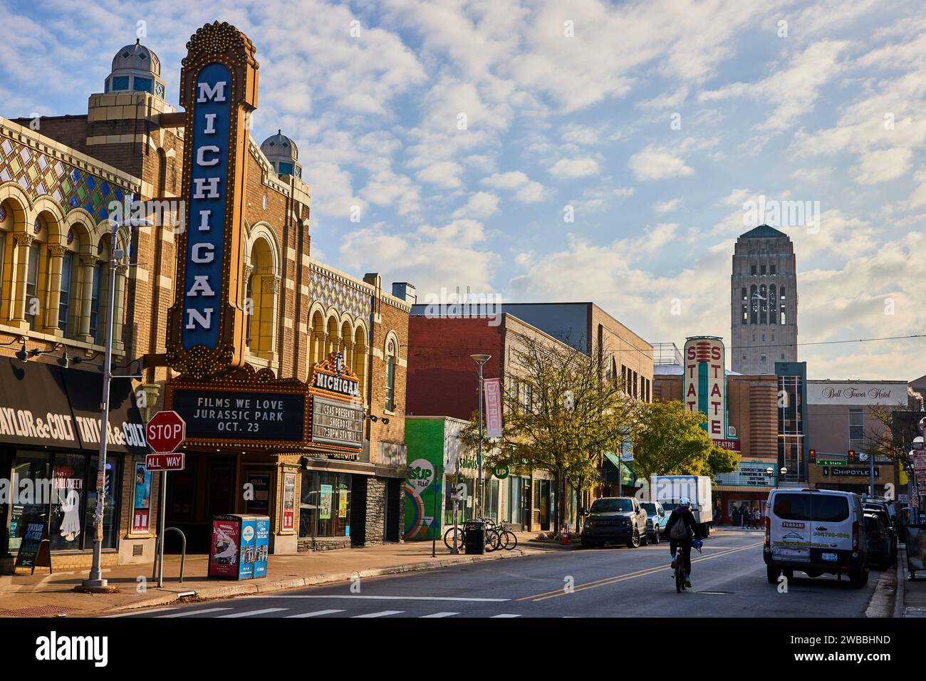 Vibrant Downtown Ann Arbor Street with Historic Michigan Theater and Cyclist Stock Photo Alamy